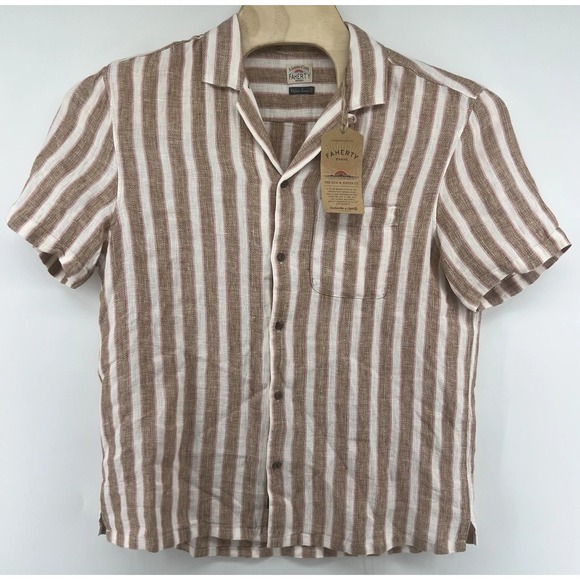 Faherty Other - Faherty‎ Palma Linen Camp Shirt Mens M Sienna Valley Stripe Linen NWT Beach $168